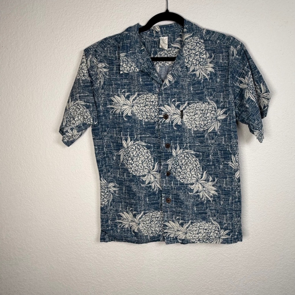Palmwave Hawaii Pineapple Print Shirt Mens Small Blue Tropical Vacation